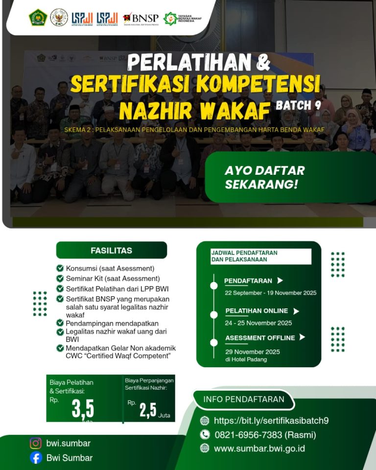 BWI Sumatera Barat Gelar Pelatihan dan Sertifikasi Kompetensi Nazhir Wakaf Batch 9
